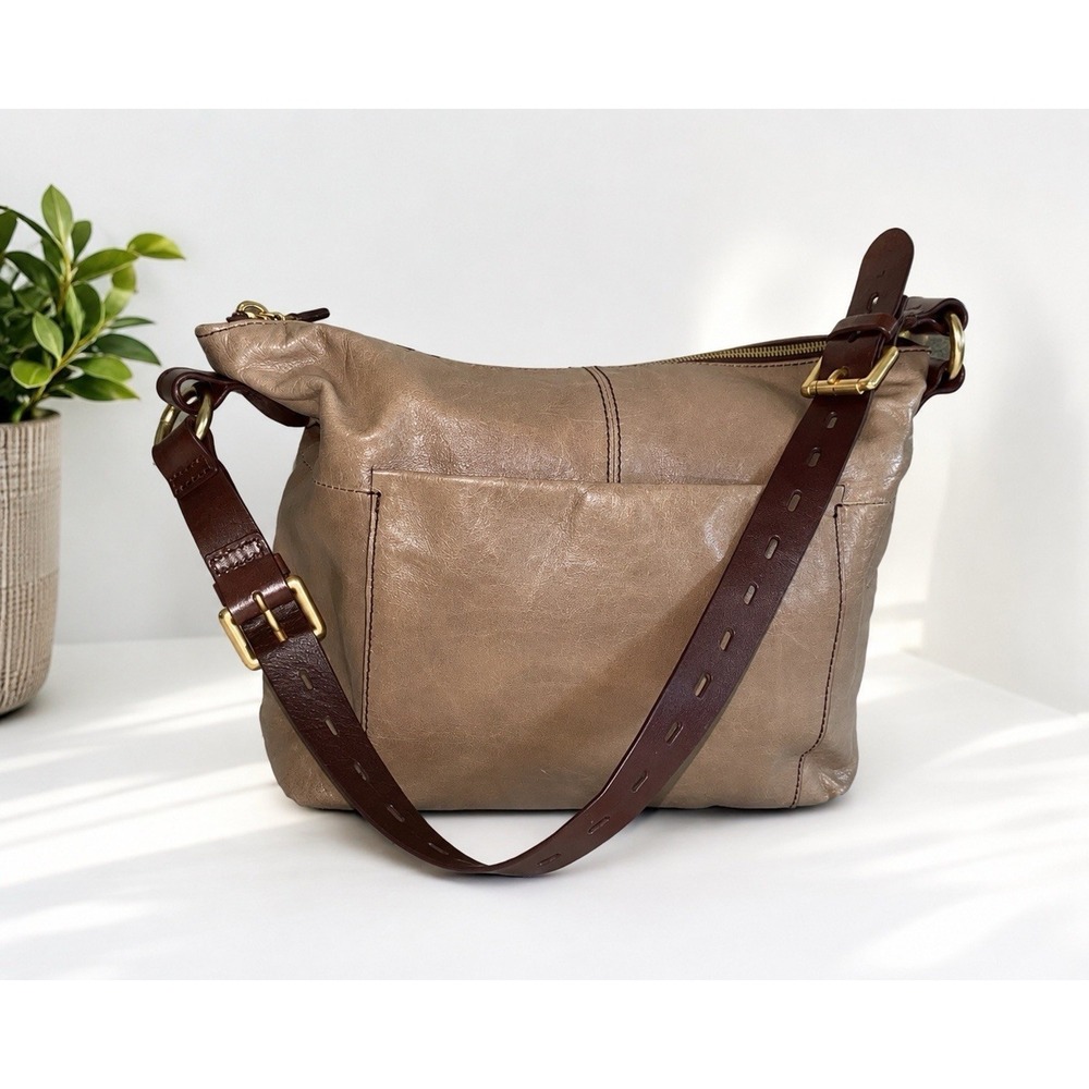 HOBO Leather Crossbody Shoulder Bag Taupe Brown Adjustable Strap Zip Top Charlie